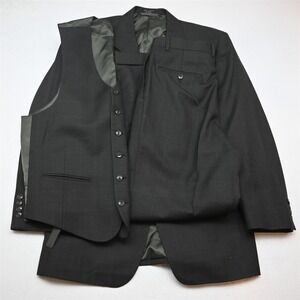 Vtg Y2K 2000s Boxy 40R 30x32 Green Windowpane 100% Wool 3 Piece Vest Mens Suit